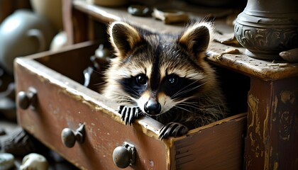 Wall Mural - Cheeky raccoon peeking from open drawer, surrounded by scattered artifacts, eyes shining with playful mischief