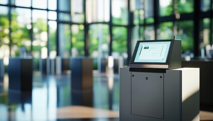 A kiosk with a touch screen in a modern office.