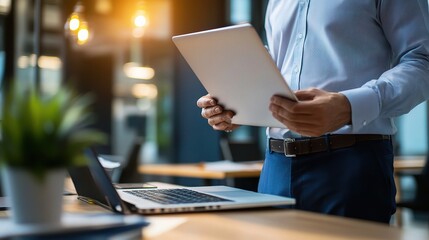 Poster - The Modern Professional: A businessman reviews data on a tablet, embodying efficiency in a contemporary office setting. 