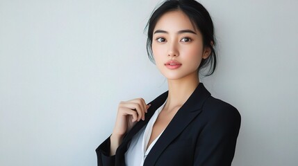 Poster - Confident and Chic: A young Asian professional exudes confidence in a sleek black blazer, embodying modern elegance and ambition. 