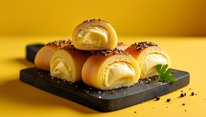 Butter rolls and cooking rolls arranged on vibrant yellow background