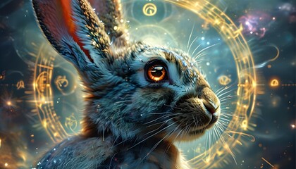 Wall Mural - Divine Rabbit Deity Bathed in Ethereal Light with Glowing Eyes and Cosmic Symbols