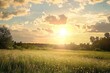 © atar - Golden Sunset over Meadow Landscape with Blue Sky and White Clouds