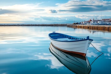 Small white rowboat anchored in a calm bay with blue water and a cityscape in the distance.