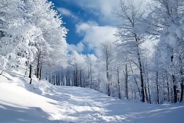 Poster - Snowy Pathway through a Winter Forest with Blue Sky and Clouds