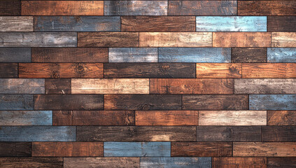 This image showcases an array of horizontal wood planks in diverse colors and textures arranged to create a beautiful mosaic pattern with a mix of rustic and modern elements.