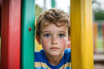 Curious Child at Colorful Playground: Exploring Wonder and Innocence Through Playful Expressions