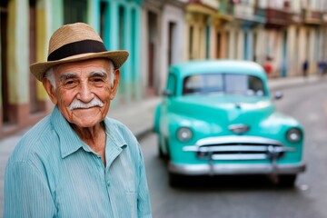 Elderly Man Smiling in Front of Vintage Car on Street of Colorful Old Town