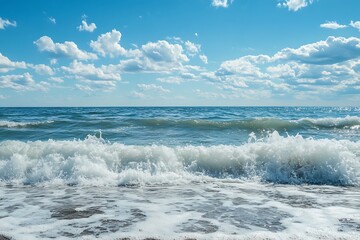 Canvas Print - Blue sky with fluffy white clouds over turquoise ocean waves crashing on the sandy beach.