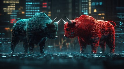 Two stylized bulls, one blue and one red, facing each other in a futuristic cityscape.