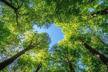 Wall Mural - Looking up at the sky through the leaves of a forest canopy