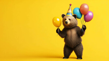 A brown bear wearing a party hat holds a bunch of balloons on a yellow background.