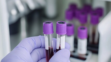 laboratory technician holding blood samples in purple cap vials, medical testing and research in a l