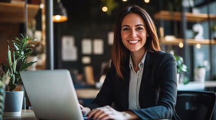 Wall Mural - Confident and Connected: A stylish businesswoman smiles brightly as she works on her laptop in a modern, well-lit office setting, exuding professionalism and a sense of accomplishment.