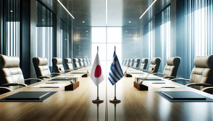 A modern conference room with Japan and Greece flags on a long table, symbolizing a bilateral meeting or diplomatic discussions between the two nations.