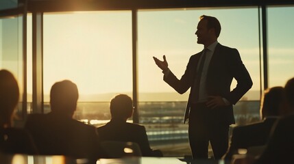 Wall Mural - Silhouette of Success: A confident businessman delivers a powerful presentation, his silhouette illuminated against a breathtaking sunset backdrop. This evocative image captures the essence of leaders