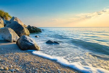 Tranquil seascape with blue sky, ocean waves, rocks and sandy beach at sunrise