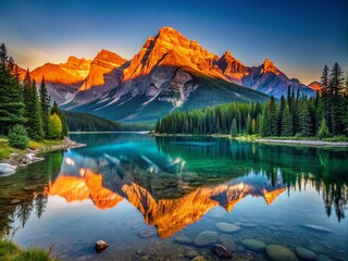 Canvas Print - Serene Landscape with Majestic Mountains and Reflective Lake Under a Clear Blue Sky at Sunrise