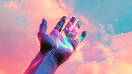 A vibrant hand reaching towards a colorful sky, symbolizing hope, possibilities, and the endless pursuit of dreams.