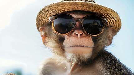 A cool monkey wearing sunglasses and a straw hat.