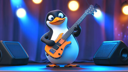 A cute penguin cartoon character playing an electric guitar on stage, surrounded by spotlights.