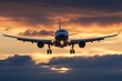 Commercial airplane landing at sunset with beautiful clouds, travel and transportation concept