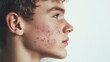 © VarunyuAi - Profile view of a young man with acne on his face, highlighting skin imperfections and youthful features.