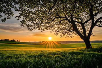 Sticker - Golden Hour Sunset over Green Field with Silhouetted Tree