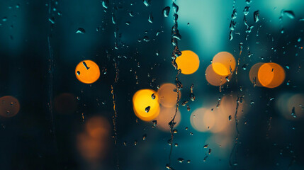 Wall Mural - Beautiful Rain drops of water on the windshield of the car with the glass cleaners turned on, Raindrop-covered window with distant glowing light at night.