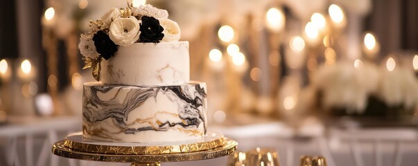 Sophisticated birthday soir?(C)e with a marble cake, gold accents, and a chic ambiance