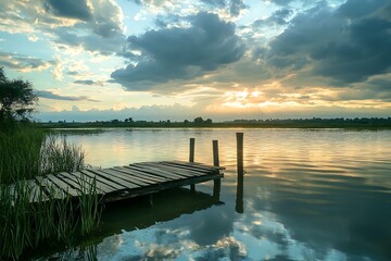 Poster - Peaceful Sunset on a Lake with a Wooden Dock