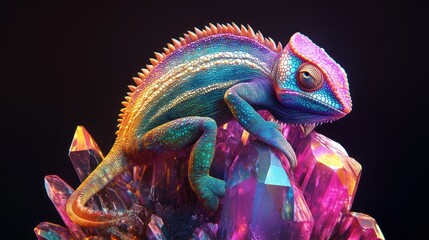 Sticker - A Vibrant Chameleon Perched on Prismatic Crystals