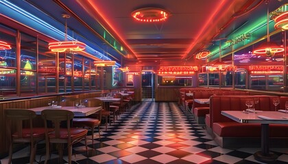 Quintessential American diner featuring checkered floors and vibrant neon signs, capturing the essence of nostalgic dining culture