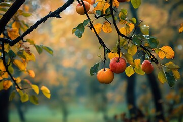 Closeup of ripe red apples hanging from a branch on an apple tree in autumn