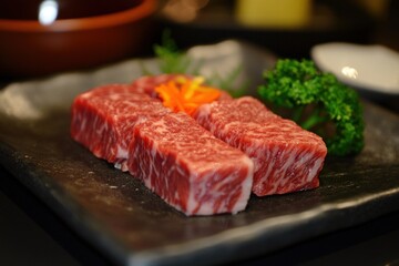 Fresh raw beef cubes being prepared by chef on plate