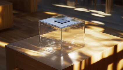 Sticker - A clear box on a wooden table.