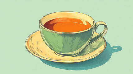 A green teacup and saucer with tea, illustrated in a retro style.