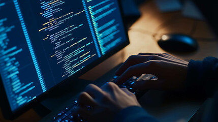 Close up of hands typing code on a computer keyboard, with lines of code visible on the screen.