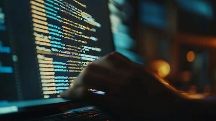 A programmer's hands working on code in a dark room.
