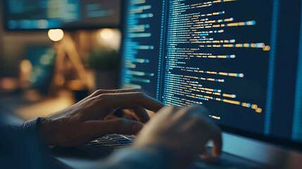 Closeup of programmer's hands typing code on a computer keyboard.