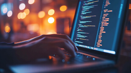 Close up of hands typing code on a laptop at night.
