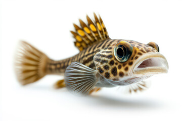 Wall Mural - Close up of a Brown and Yellow Spotted Fish with Open Mouth on White Background