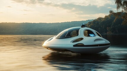 Wall Mural - Futuristic White Boat on Calm Lake at Sunset