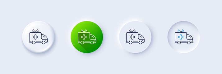 Wall Mural - Ambulance car line icon. Neumorphic, Green gradient, 3d pin buttons. Medical emergency transport sign. Line icons. Neumorphic buttons with outline signs. Vector