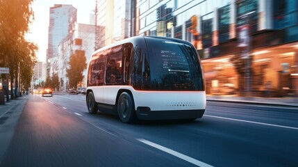 Wall Mural - Autonomous Electric Vehicle Driving Through a City at Dusk