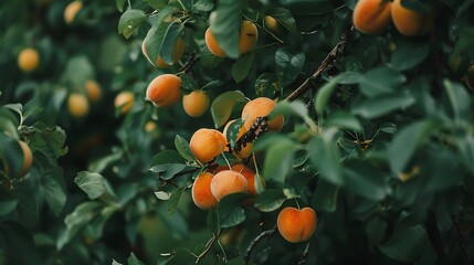 Wall Mural - Sitting on the tree are apricots encircled by greenery