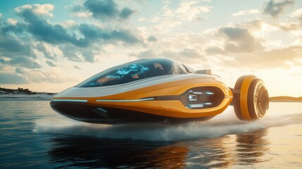 Poster - Futuristic Yellow Amphibious Vehicle Driving on Water