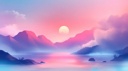 Poster - Pastel Mountains Reflecting in a Still Lake at Sunset