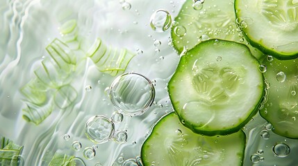 Sticker - Slices of fresh cucumber set on an elegant backdrop of bright water droplets