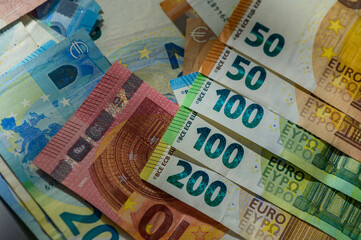 Euro bills close up. Close up shot of 50 and 20 euro bank notes. High quality photo